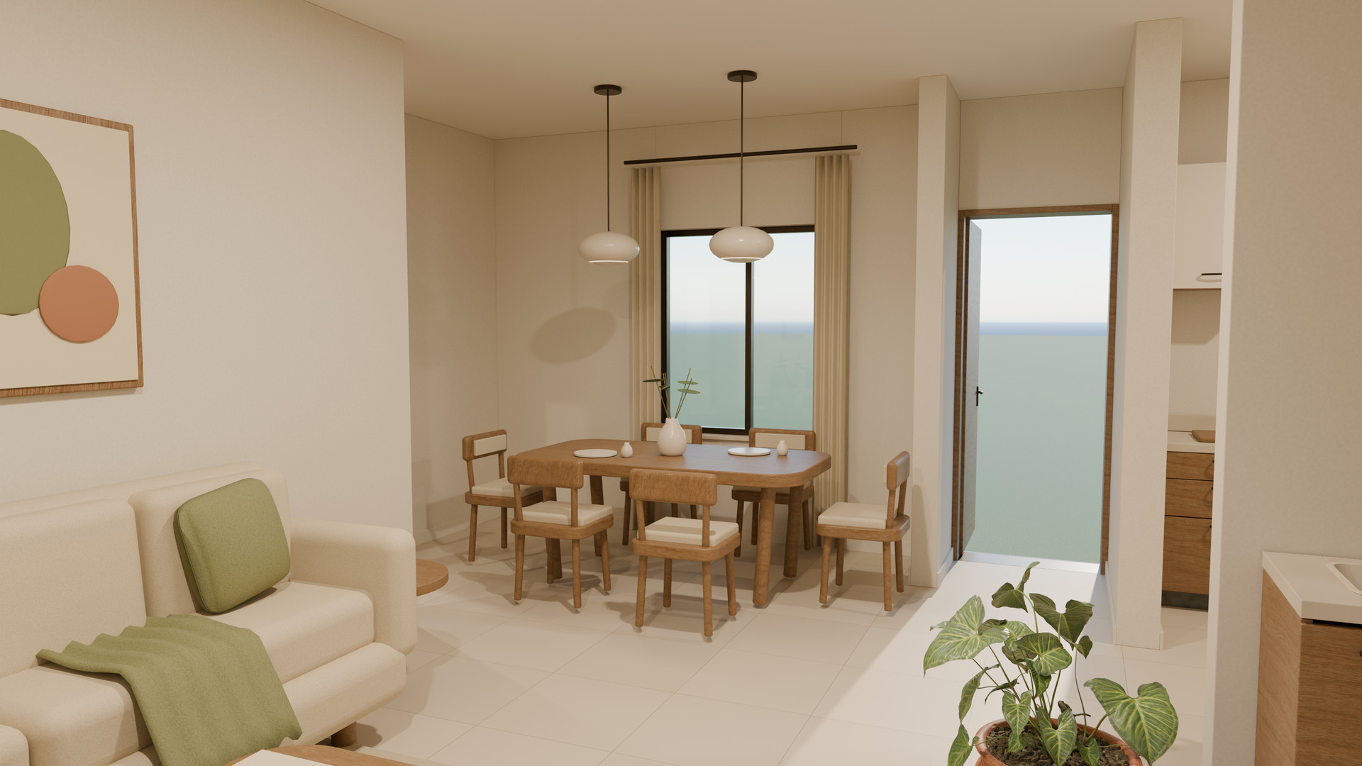 Garden Home living room opening toward the dining table, with warm timber, soft ivory furnishings and sage accents.