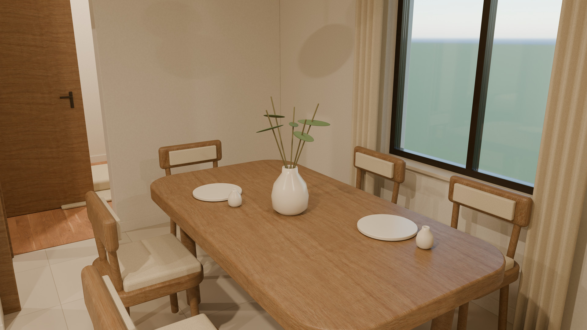 The timber dining table with chairs, place settings and a simple vase.