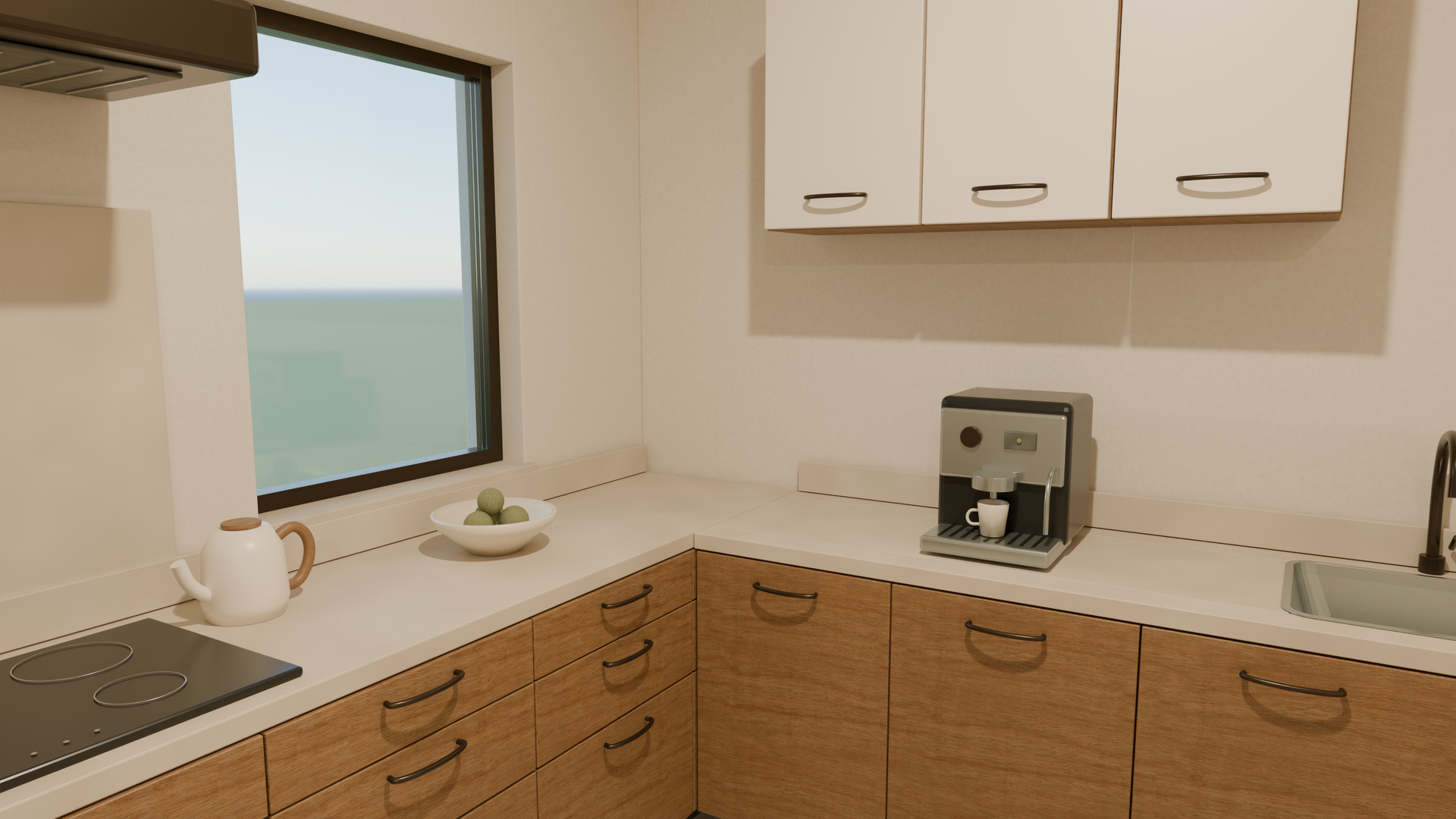 Kitchen cabinetry, stone counters and appliances in a warm, restrained material palette.