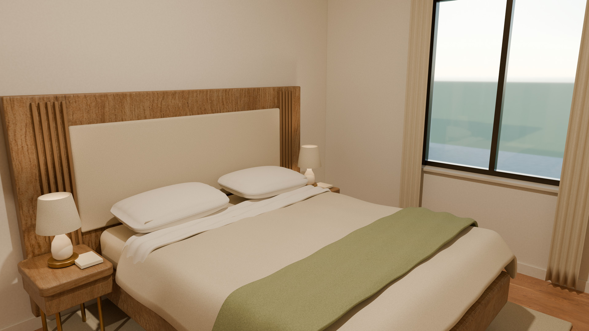 The first bedroom, with a timber bed, soft linen and a fitted wardrobe.