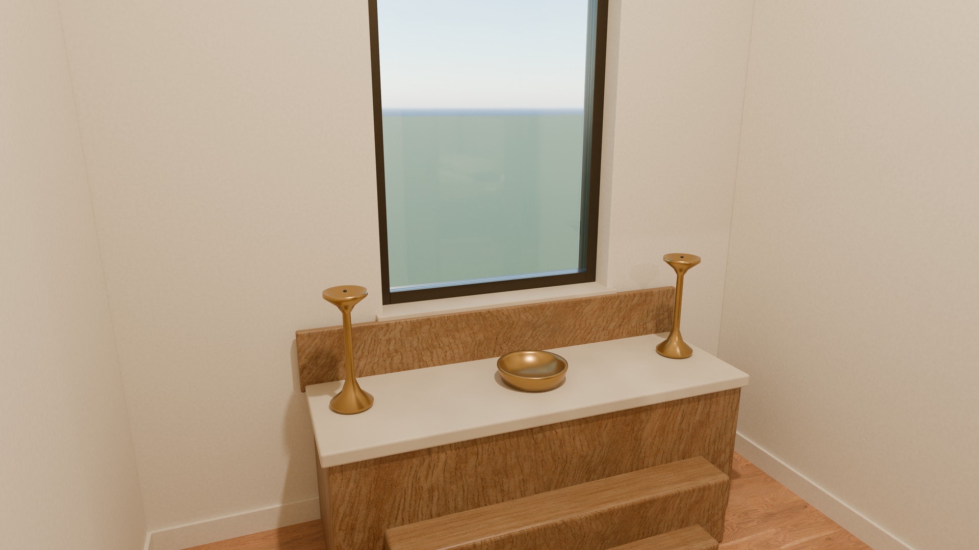A quiet puja space with a simple plinth and a brass lamp.