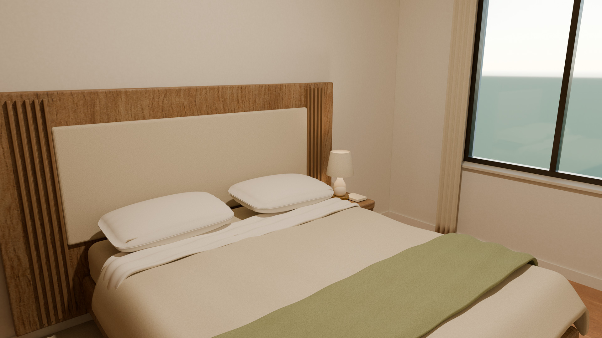 The second bedroom with a timber bed, warm fabrics and a wardrobe.